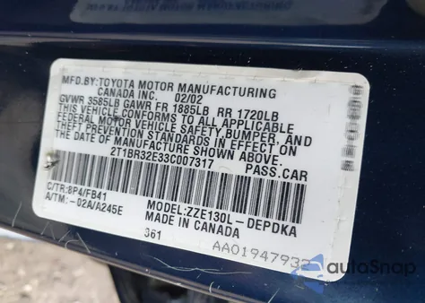 2003 Toyota Corolla Ce z USA, uszkodzony, nr VIN 2T1BR32E33C007317